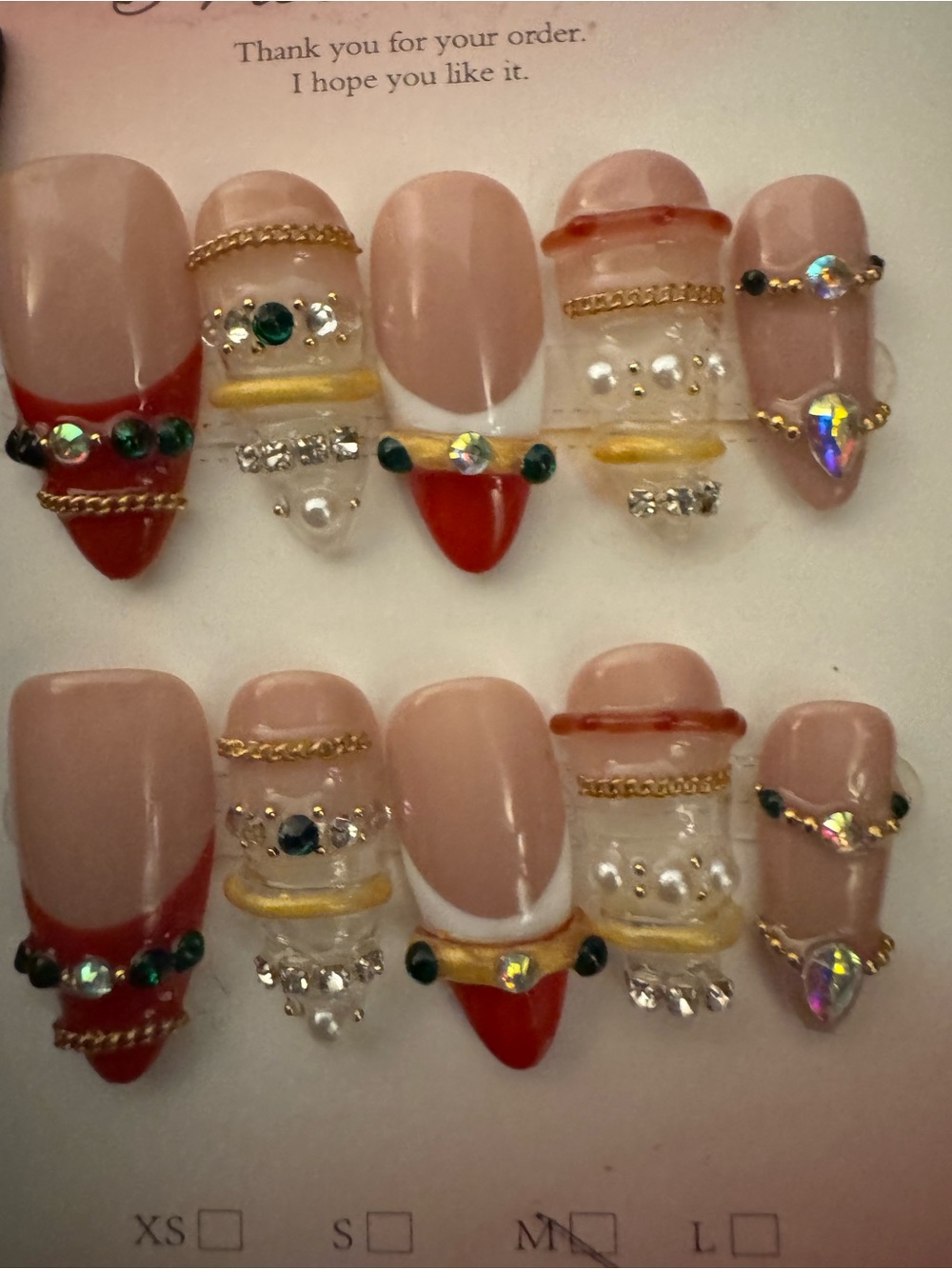 Red French Tip Green Jeweled Gold Chain Press-On Nails (Medium Length Almond)